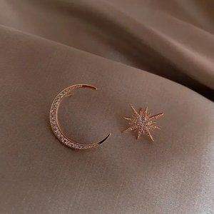 Celestial Golden Crescent Moon & Star CZ Rhinestones Gold Stud Earrings NEW